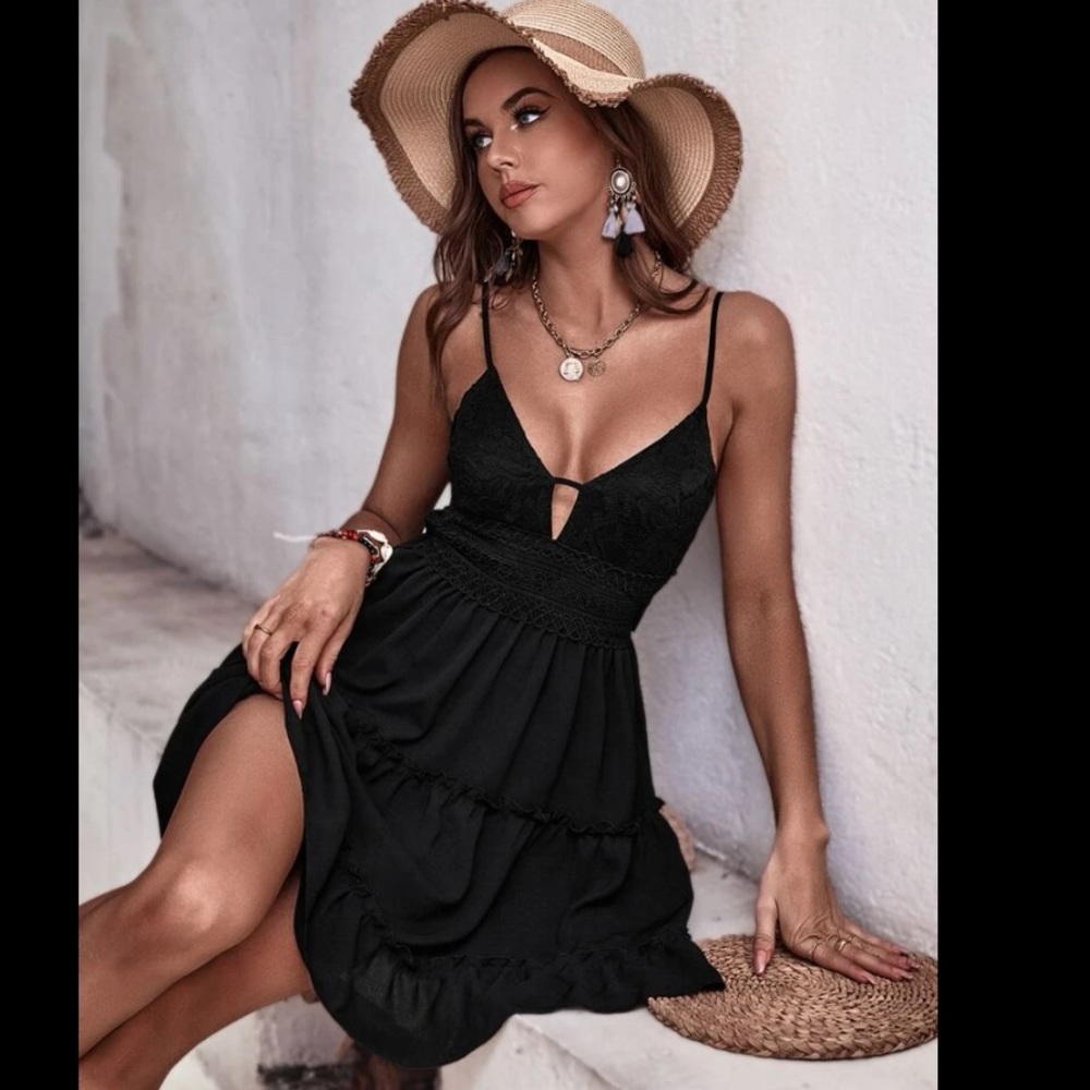 SHEIN Lace Insert Tie Backless Ruffle Hem Cami Dress